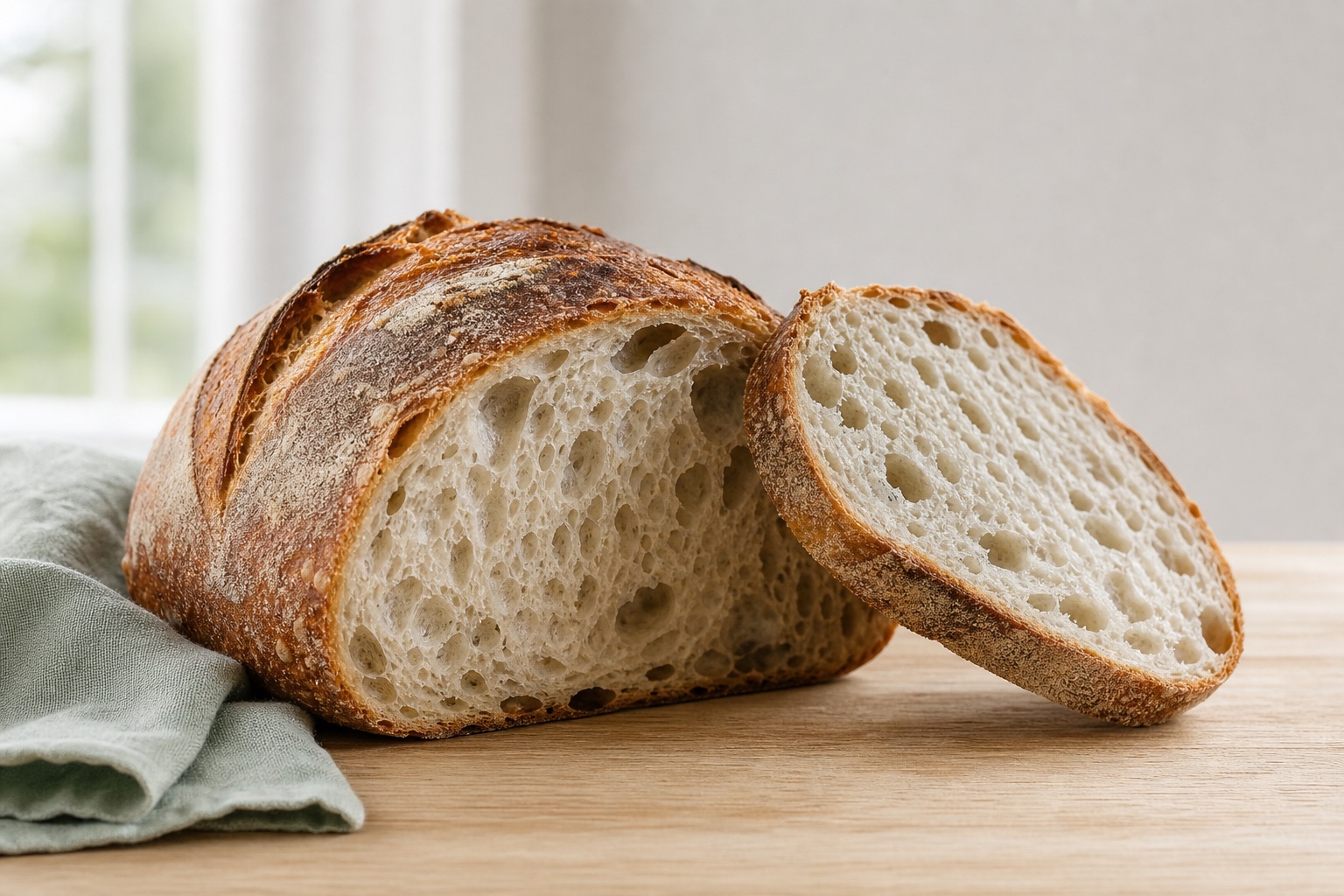 A sliced sourdough loaf showing its open crumb
