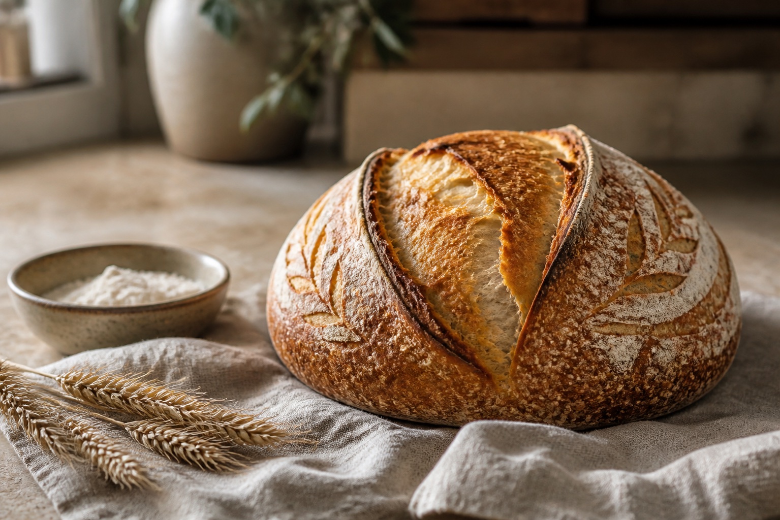 A freshly baked artisan sourdough loaf on natural linen